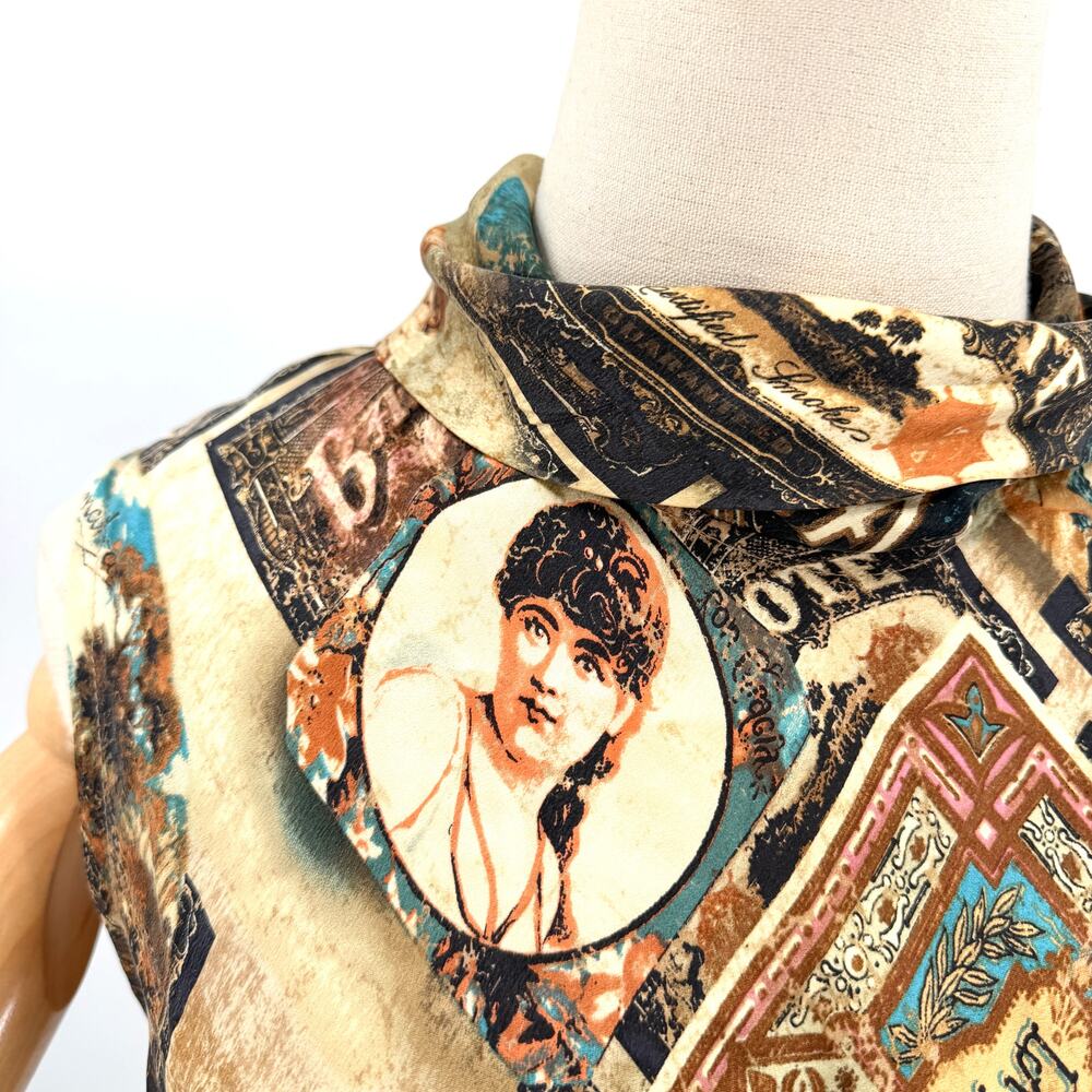 Vintage Y2K Double D Ranch Brown 100% Silk Ephemera Print Blouse Skirt Set - Picture 3 of 11